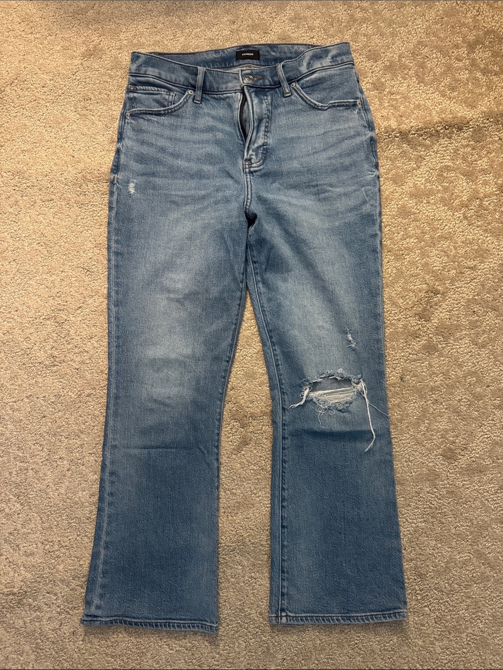 Express Light Blue Distressed Cropped Flare Jeans